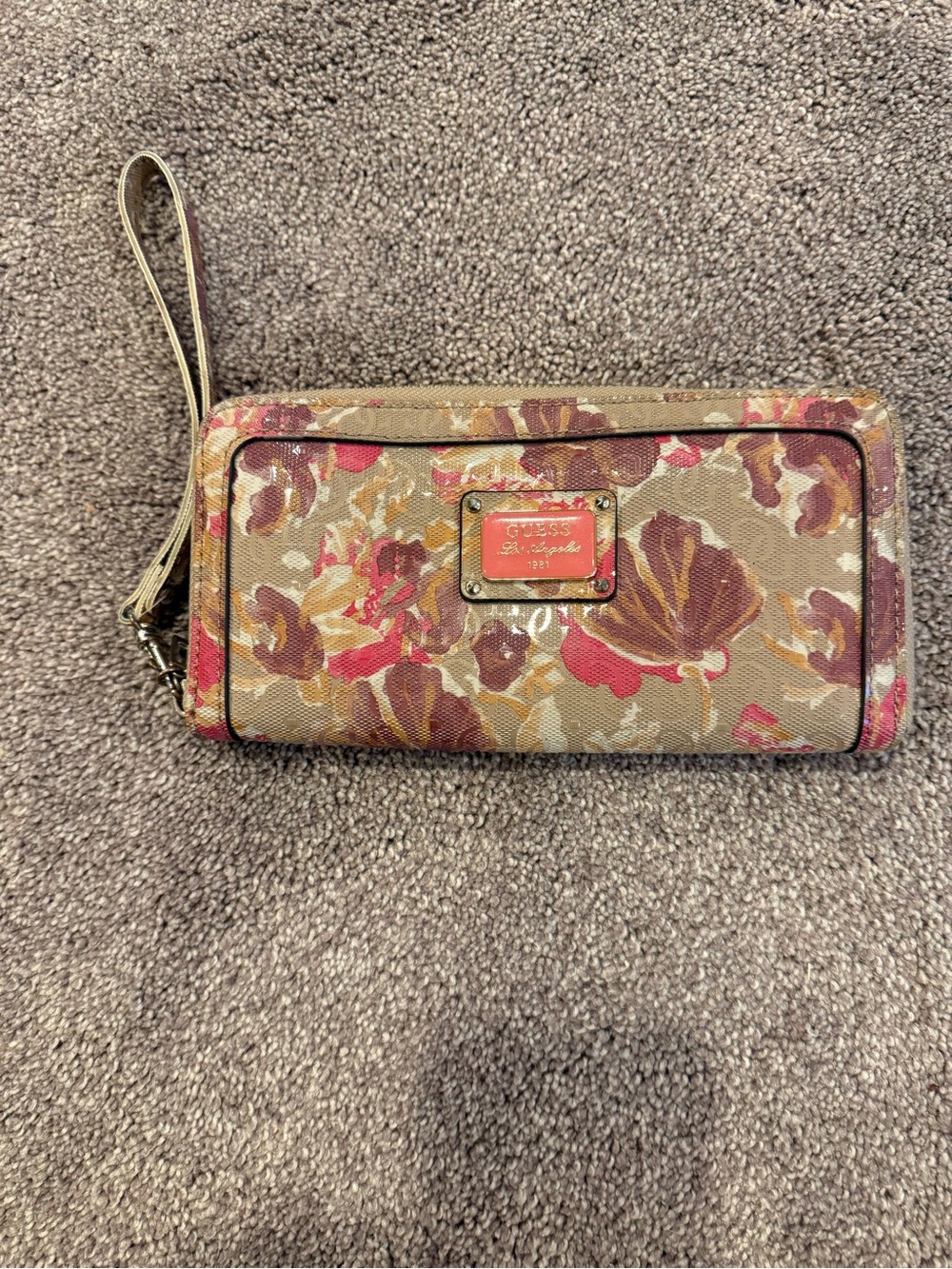 Guess Floral Zip-Around Wristlet Wallet in Beige, Pink and Brown